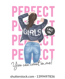 perfect slogan with girl in jacket illustration