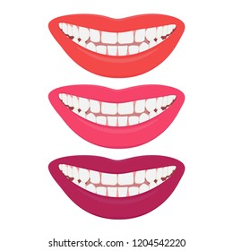 Perfect smile, Hollywood smile, female smile. Correct and even bite of teeth. White teeth, healthy gums, beautiful lips. Vector illustration.