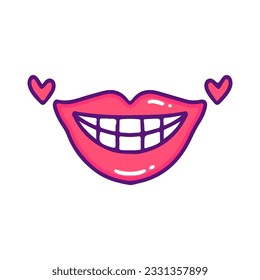 Sonrisa perfecta con símbolo de amor, ilustración para camisetas, pegatinas o prendas de vestir. Con doodle, retro y estilo de caricatura.