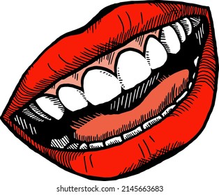Perfect smile with shiny white teeth. Mouth hygiene and dentist medical care illustration. Woman lips with beautiful and happy smiling open mouth. Hand drawn retro vintage vector illustration. 
