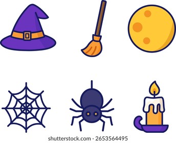 Perfeito para desenhos de Halloween temáticos bruxas assustadoras. Inclui chapéu de bruxa, vassoura, teia de aranha, aranha, lua cheia e ícones de vela. Ótimo para adesivos, convites para festas e artesanato sazonal.