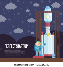 Perfect start up cartoon banner. Astronaut in spacesuit standing neat space rocket on launching pad on night starry sky with clouds background.