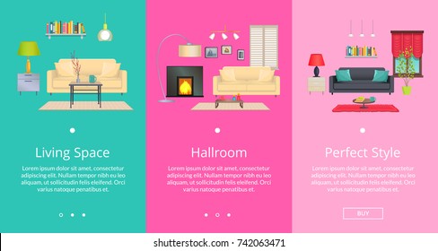 Perfect style and living space, set of web pages of internet shop, depicting room design composition with furniture vector illustration