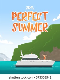 Perfect summer. Modern yacht with couple on it, travel to the most exotic destinations for vacation. Amazing exotic vacation. 