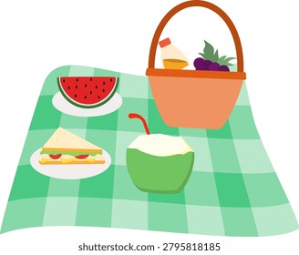 Perfect for summer picnicthemed design projects. Contains a watermelon, sandwich, coconut, green checkered cloth, and a picnic basket. Suitable for foodrelated and outdoor lifestyle designs.