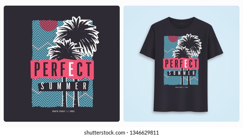 Perfect summer. Stylish colorful graphic t-shirt design, poster, print with palm trees. Vector illustration.