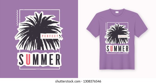 Perfect summer. Stylish graphic tee design, poster, print with palm tree. Vector illustration.