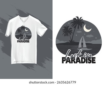 t-shirt perfeita de verão, com uma cena noturna tropical com palmeiras e uma lua crescente. ideal para viagens de praia, férias e vibrações de clima quente. leve e respirável.