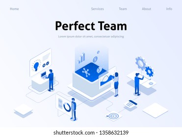 Perfect Team Service Metaphor Isometric Banner. Employee Searching, Brainstorming, Calculating Benefit in Working Process. Concept Seo Business Vector Illustration. Landing Page with Perfect Workplace