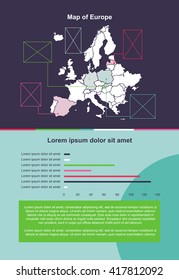 Perfect template for infographic about worldwide situation. Flat style and color clock chart, map, simple text. Good for business, web, brochure, flyer, print and other