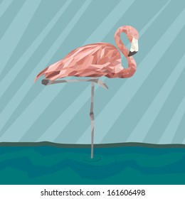 Perfect template with pink flamingo standing in water. Fully editable illustration drawn in vector by hand.