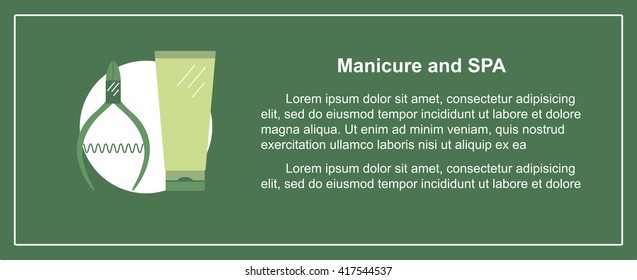 Perfect template for your web site or print advertising. Modern flat design banner of nail care topic. Manicure or pedicure equipment for your salon 