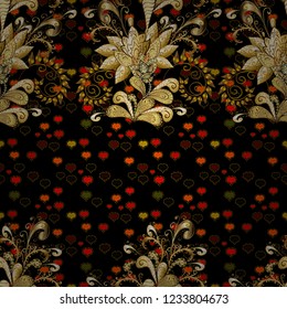 Perfect for textile, cover design. Doodle style. Flowers on black, brown and yellow colors. Colorful black, brown and yellow seamless pattern. Hand drawn seamless autumn floral flower pattern.