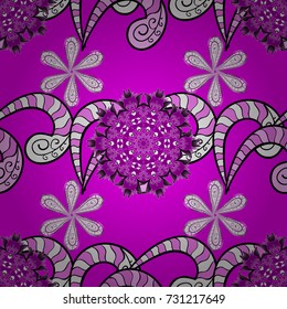 Perfect for textile, cover design. Doodle style. Flowers on magenta, white and purple colors. Colorful magenta, white and purple seamless pattern. Hand drawn seamless autumn floral flower pattern.