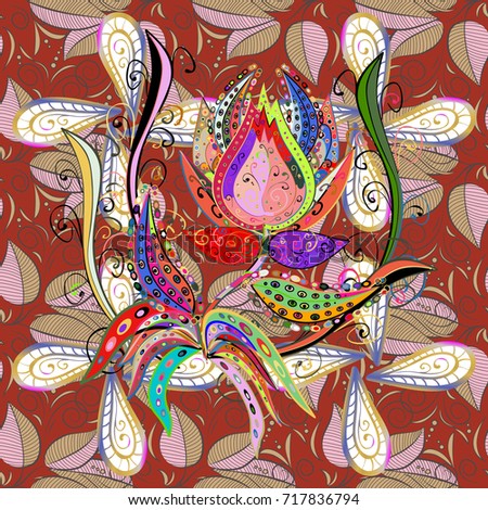 Perfect for textile, cover design. Doodle style. Colorful red, beige and neutral seamless pattern. Hand drawn seamless autumn floral flower pattern. Flowers on red, beige and neutral colors.