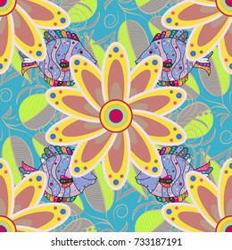 Perfect for textile, cover design. Flowers on blue, yellow and neutral colors. Hand drawn seamless autumn floral flower pattern. Colorful blue, yellow and neutral seamless pattern. Doodle style.