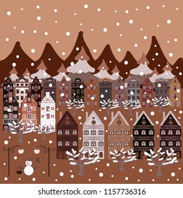 Perfect for textile, kids fabric. Hand drawn vector abstract scandinavian graphic illustration with house, trees and mountains on brown, pink and neutral colors. Nordic nature landscape concept.
