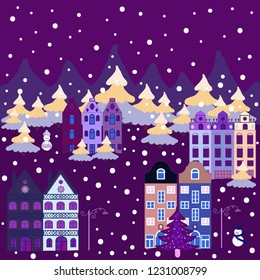 Perfect for textile, kids fabric. Nordic nature landscape concept. Hand drawn vector abstract scandinavian graphic illustration with house, trees and mountains on purple, violet and neutral colors.