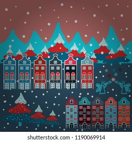 Perfect for textile, nursery wallpaper. Hand drawn vector abstract scandinavian graphic illustration with house, trees and mountains on blue, pink and red colors. Nordic nature landscape concept.