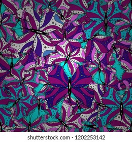 Perfect for textile, wallpapers, web page backgrounds, surface textures. Vector illustration. Seamless background of colorful butterflies on purple, blue and white colors.