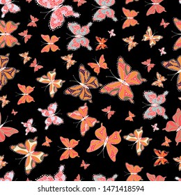 Perfect for textile, wallpapers, web page backgrounds, surface textures. Seamless background of colorful butterflies on orange, pink and black colors. Vector illustration.