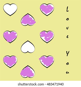 Perfect texture with pink hearts on the yellow background. Stock vector illustration. Outline style.