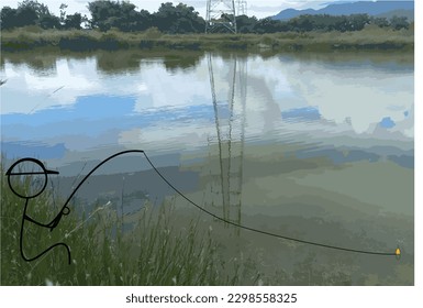 Perfect time for a cartoon character to go fishing in a pond