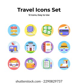 The perfect travel companion icons set, including a caravan, signpost, globe, suitcase, and hotel, representing exploration, guidance, packing, and adventure