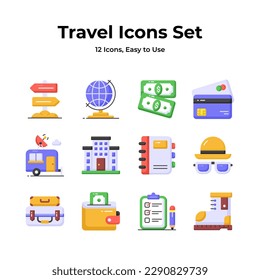The perfect travel companion icons set, including a caravan, signpost, globe, suitcase, and hotel, representing exploration, guidance, packing, and adventure