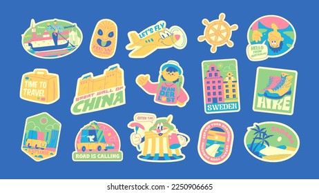 Perfect Travel Vector Retro Stickers Pack, Pins, Stamps, Patches. Retro Hand drawn illustration concept. Trendy Cartoon style of 30s. Famous monuments, landmarks and  sightseeings. #4