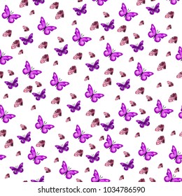 Perfect trendy seamless pattern with purple amethyst stones and butterflies on editable white background. Low poly style. Vector illustration. 