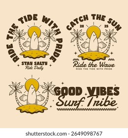 Perfeito para roupas de verão na moda, cartazes vintage, mercadorias de surf, impressões de férias tropicais e gráficos elegantes