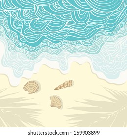 Perfect tropical paradise illustration with blue sea and white sand, palm tree shadows and shells on the background. Travel card. Elegant fully editable travel illustration drawn in vector by hand.