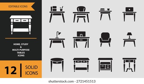 Perfeito para designers UIUX desenvolvedores e criadores de conteúdo este Home Study e Multi Purpose Tabelas ícone conjunto fortalece a clareza da interface suporta planejamento de móveis versátil e oferece comunicação visual profissional consistente