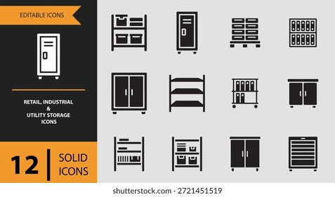 Perfeito para designers UIUX desenvolvedores e criadores de conteúdo este conjunto de ícones Retail Industrial and Utility Storage fortalece a clareza da interface suporta planejamento de armazenamento pesado e fornece comunicação visual profissional consistente