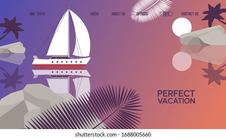Perfect vacation on luxury yacht, boat, palm tree leaf, sheet flat vector illustration. Contact us, about us, home, options, info button. Surface water, ocean, sea, design template landing