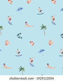 Perfect vacation tropical print with fresh elements like Umbrella, surfers, little humans, palms, beer bottles, pool floats