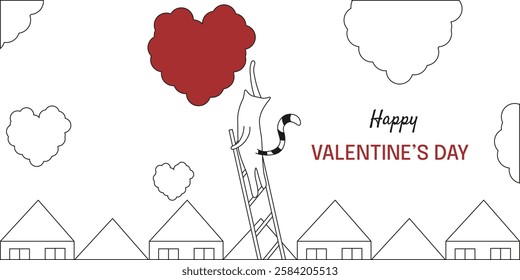 Perfect Valentine's Day banner template design. Cat on stairs made Heart from clouds. Funny simple Valentine's Day background cover. EPS 10	