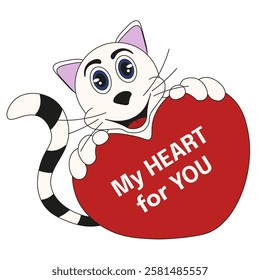 Perfect Valentine's Day card with cat and red Heart. Romantic sticker isolated transparent background. Love t-shirt print postcard poster cover template design. Vector illustration. EPS 10