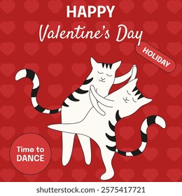 Perfect Valentine's Day Poster cover template design. Romantic cat on red Hearts background. Whimsical Valentine concept. Love vector theme for invitation greeting card brochure cover. EPS 10