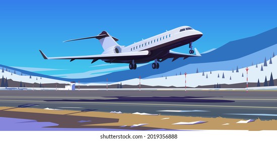 Perfect vector Illustration on the theme of travel by airplane, private airlines, transportation. The plane takes off. The mountains airport.