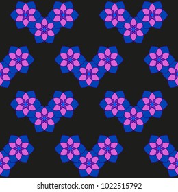 Perfect vector seamless pattern with purple abstract ornaments on black background. 