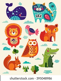 Perfect vector set of illustration in cartoon naive style with funny animals and birds. Lovely cute animals: lion, fox, owl, bird, crocodile, squirrel, whale and cat.