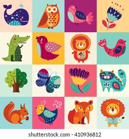 Perfect vector set of illustration in cartoon naive style with funny animals and birds. Lovely cute animals: lion, fox, owl, bird, crocodile, squirrel, whale and cat.