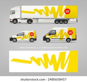 Perfect vector set of Van, Truck mockup with branding and corporate identity decal. Abstract graphics of yellow stripe for business flyer background. Brand identity concept. Advertising AD banner