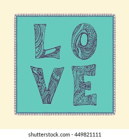 Perfect vintage card made in vector. Hand drawn retro doodle postcard with sign LOVE. EPS 8