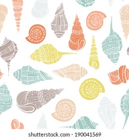 Perfect vintage vector seamless pattern with white seashells. Beautiful tropical background design  Cute fully editable illustration drawn in vector by hand. 
