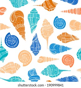 Perfect vintage vector seamless pattern with white seashells. Beautiful tropical background design  Cute fully editable illustration drawn in vector by hand. 