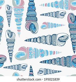 Perfect vintage vector seamless pattern with white seashells. Beautiful tropical background design  Cute fully editable illustration drawn in vector by hand. 