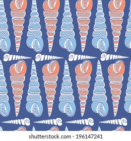 Perfect vintage vector seamless pattern with white seashells. Beautiful tropical background design  Cute fully editable illustration drawn in vector by hand. 